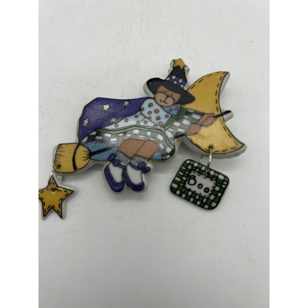 Debbie Mumm Ceramic Halloween Witch Bear Brooch Pin Signed
